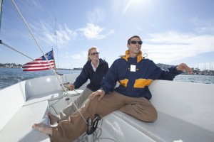 Young couple relax on deck of sailing boat103585169